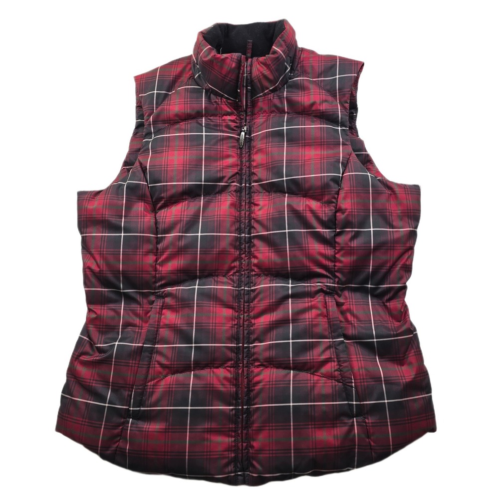 Eddie Bauer Goose Down Puffer Vest Womens Medium Red Black Tartan Plaid Premium